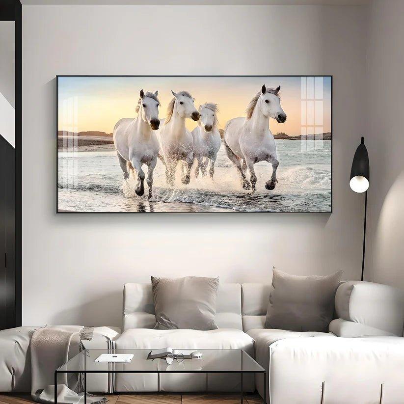 White Running Horses in The Sea Premium Acrylic Floating Wall Painting - Decor Smart