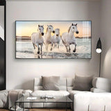 White Running Horses in The Sea Premium Acrylic Floating Wall Painting - Decor Smart