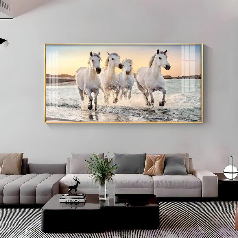 White Running Horses in The Sea Premium Acrylic Floating Wall Painting - Decor Smart