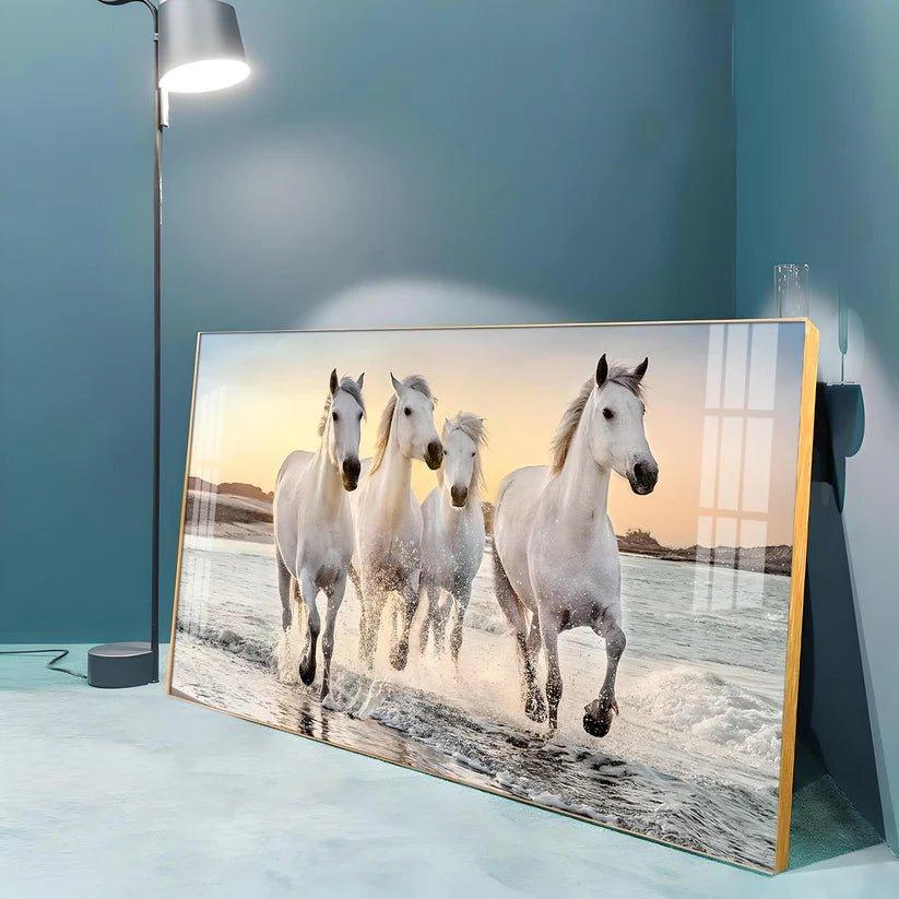 White Running Horses in The Sea Premium Acrylic Floating Wall Painting - Decor Smart