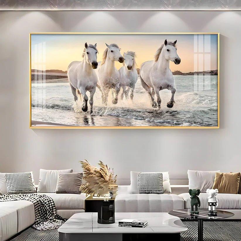 White Running Horses in The Sea Premium Acrylic Floating Wall Painting - Decor Smart