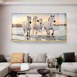 White Running Horses in The Sea Premium Acrylic Floating Wall Painting - Decor Smart