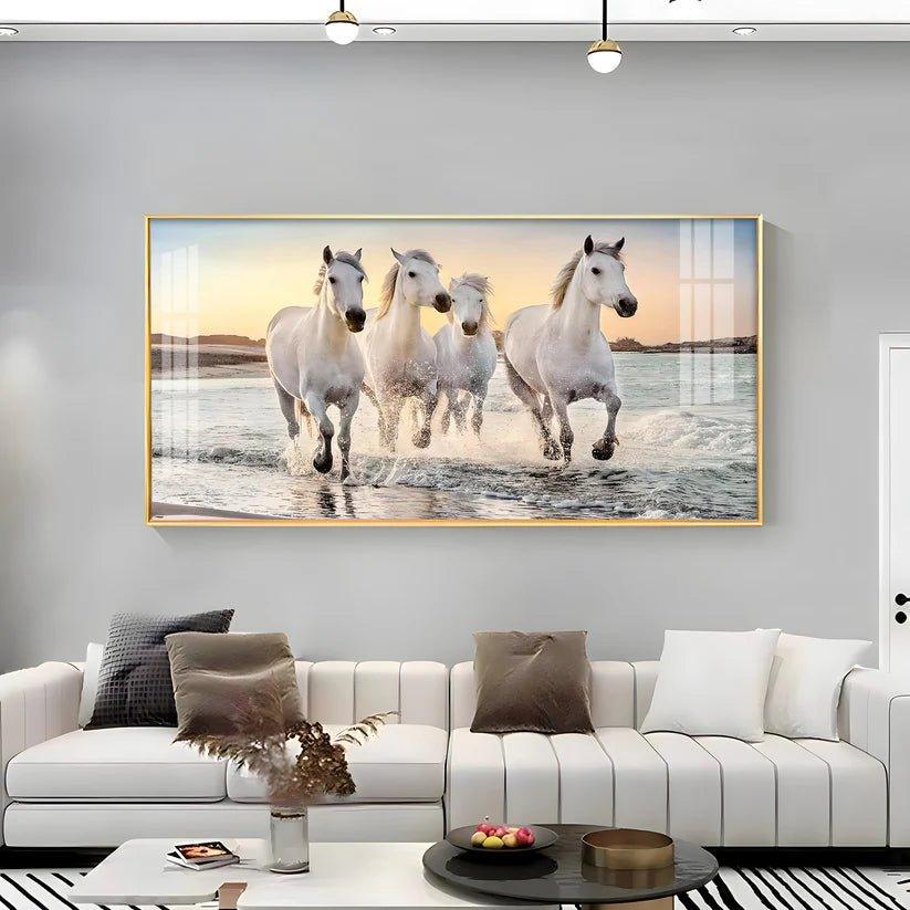 White Running Horses in The Sea Premium Acrylic Floating Wall Painting - Decor Smart