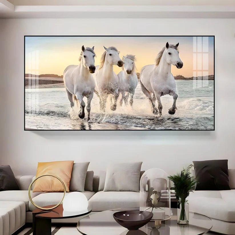 White Running Horses in The Sea Premium Acrylic Floating Wall Painting - Decor Smart