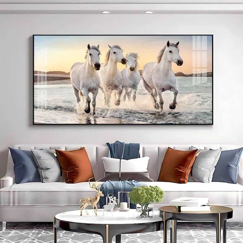 White Running Horses in The Sea Premium Acrylic Floating Wall Painting - Decor Smart