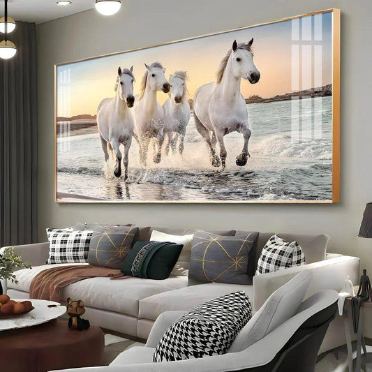 White Running Horses in The Sea Premium Acrylic Floating Wall Painting - Decor Smart