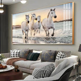 White Running Horses in The Sea Premium Acrylic Floating Wall Painting - Decor Smart
