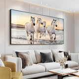 White Running Horses in The Sea Premium Acrylic Floating Wall Painting - Decor Smart