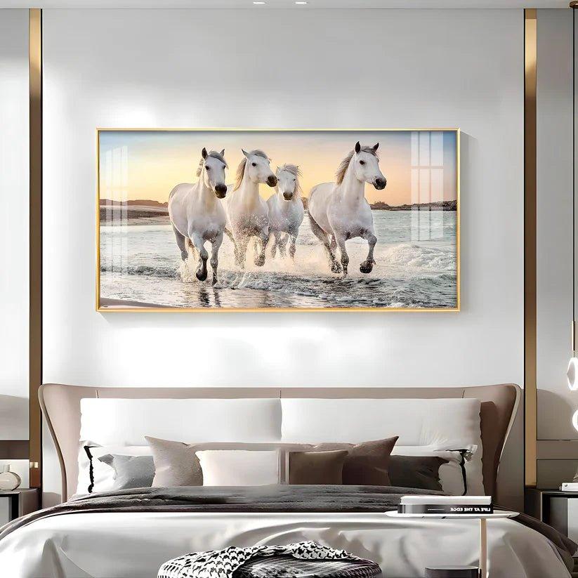 White Running Horses in The Sea Premium Acrylic Floating Wall Painting - Decor Smart
