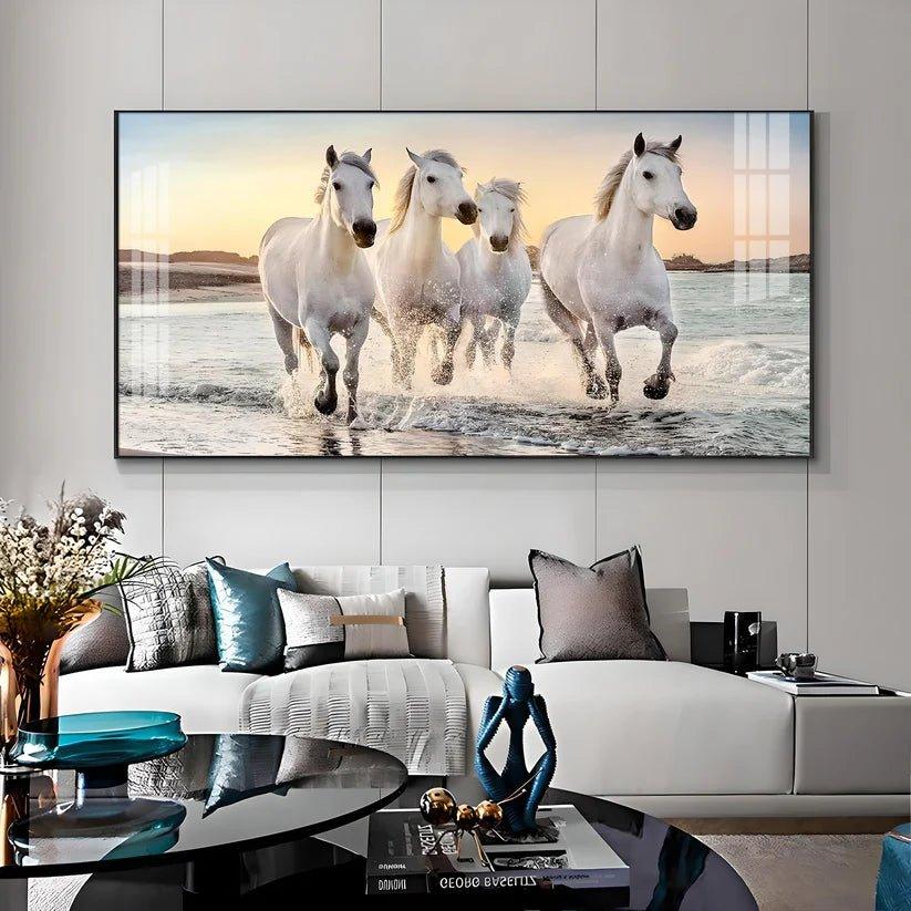 White Running Horses in The Sea Premium Acrylic Floating Wall Painting - Decor Smart