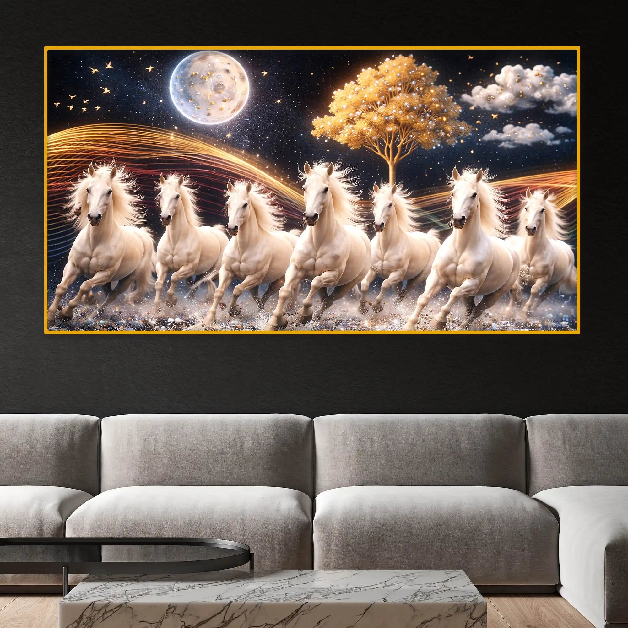 White Running Horses Under Moonlight Crystal Glass Painting