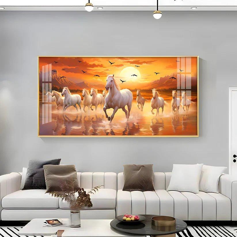 White Running Horses with Sunrise Premium Acrylic Floating Wall Painting - Decor Smart