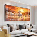 White Running Horses with Sunrise Premium Acrylic Floating Wall Painting - Decor Smart