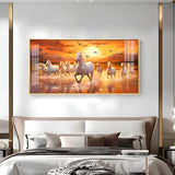 White Running Horses with Sunrise Premium Acrylic Floating Wall Painting - Decor Smart