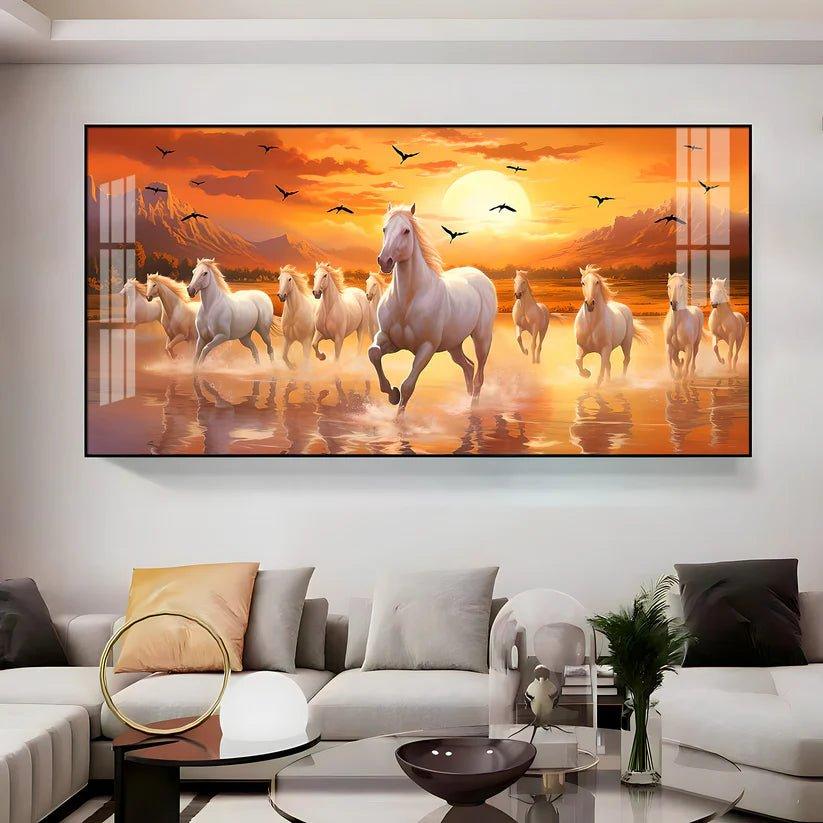 White Running Horses with Sunrise Premium Acrylic Floating Wall Painting - Decor Smart