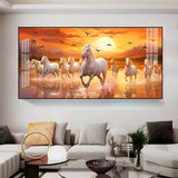 White Running Horses with Sunrise Premium Acrylic Floating Wall Painting - Decor Smart