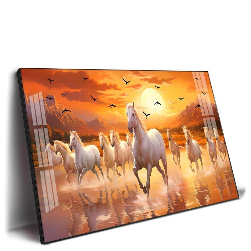 White Running Horses with Sunrise Premium Acrylic Floating Wall Painting - Decor Smart