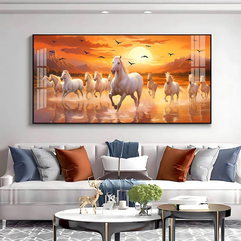 White Running Horses with Sunrise Premium Acrylic Floating Wall Painting - Decor Smart