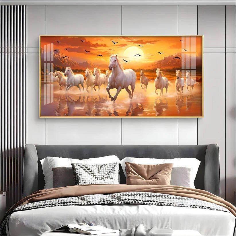 White Running Horses with Sunrise Premium Acrylic Floating Wall Painting - Decor Smart