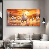 White Running Horses with Sunrise Premium Acrylic Floating Wall Painting - Decor Smart