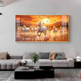 White Running Horses with Sunrise Premium Acrylic Floating Wall Painting - Decor Smart