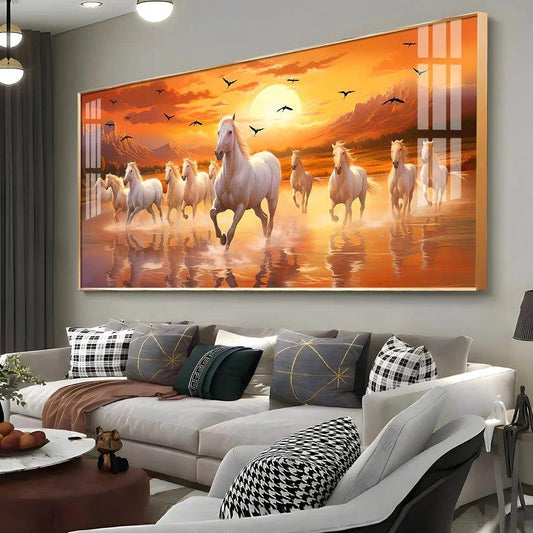 White Running Horses with Sunrise Premium Acrylic Floating Wall Painting - Decor Smart