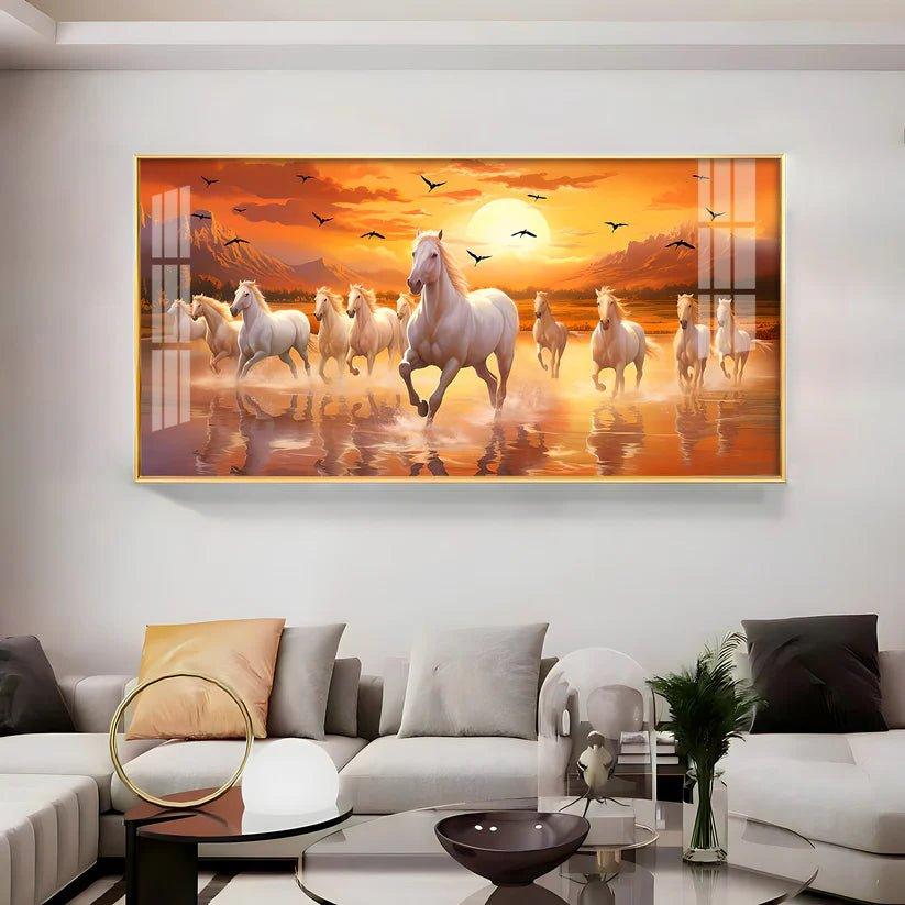 White Running Horses with Sunrise Premium Acrylic Floating Wall Painting - Decor Smart