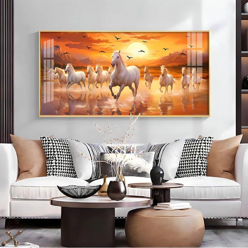 White Running Horses with Sunrise Premium Acrylic Floating Wall Painting - Decor Smart