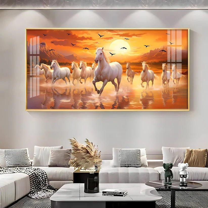 White Running Horses with Sunrise Premium Acrylic Floating Wall Painting - Decor Smart