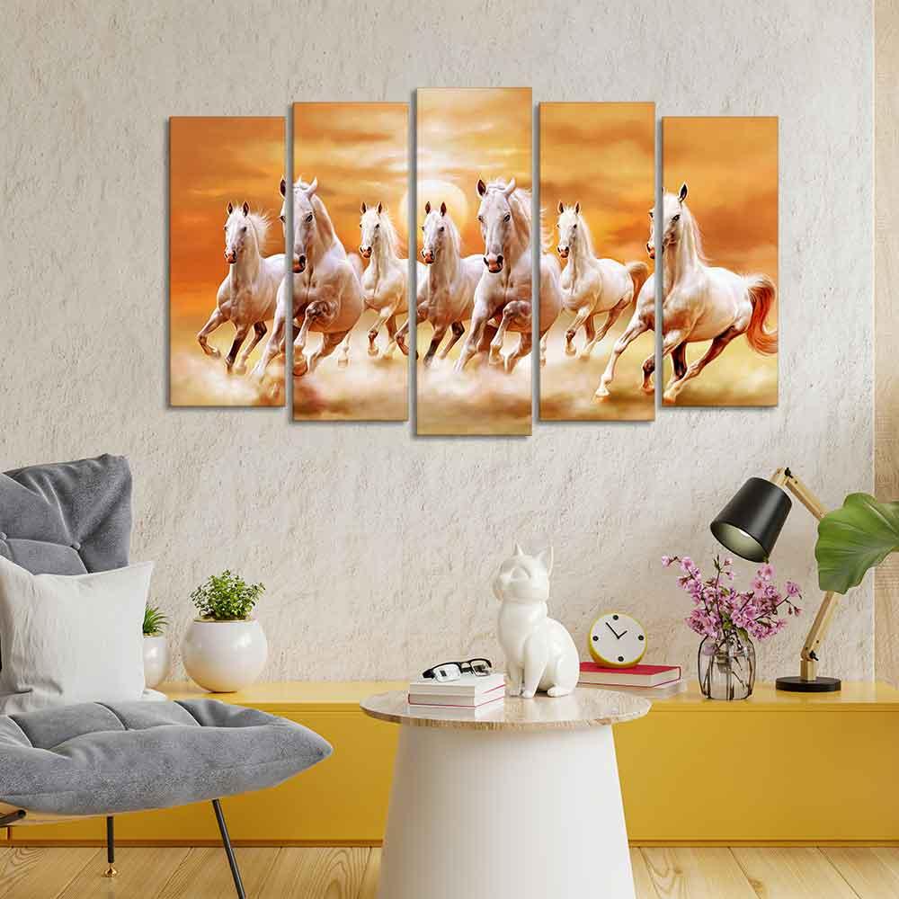White Running Seven Horses 5 Pieces Premium Wall Painting - Decor Smart
