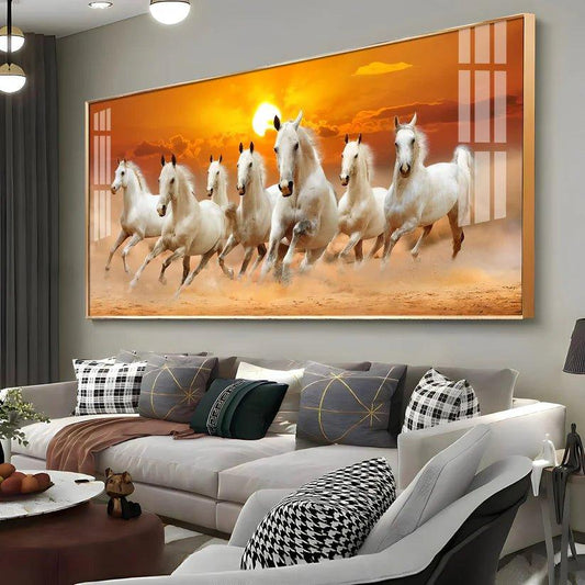 White Seven Running Horses Premium Acrylic Floating Wall Painting - Decor Smart
