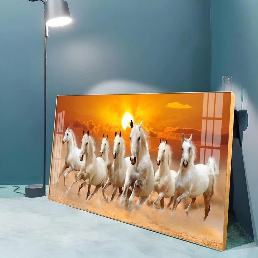 White Seven Running Horses Premium Acrylic Floating Wall Painting - Decor Smart
