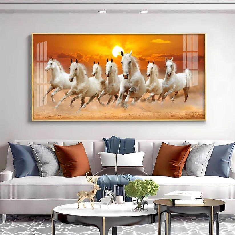 White Seven Running Horses Premium Acrylic Floating Wall Painting - Decor Smart