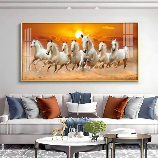 White Seven Running Horses Premium Acrylic Floating Wall Painting - Decor Smart