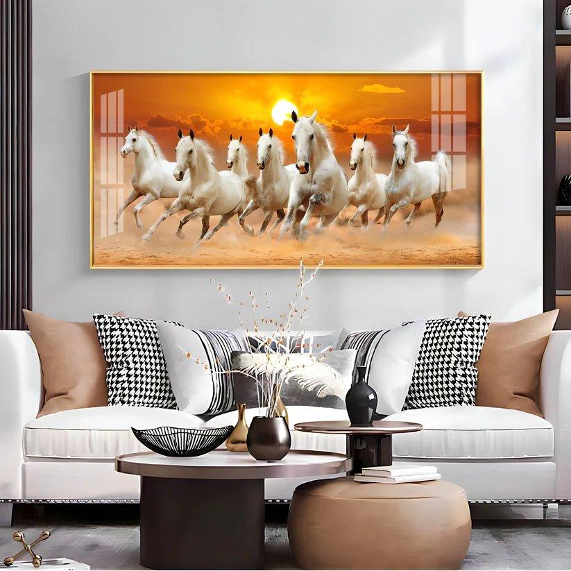 White Seven Running Horses Premium Acrylic Floating Wall Painting - Decor Smart