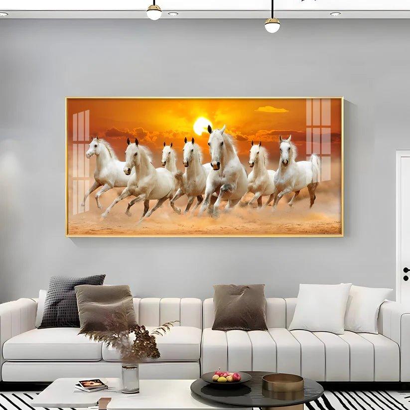 White Seven Running Horses Premium Acrylic Floating Wall Painting - Decor Smart