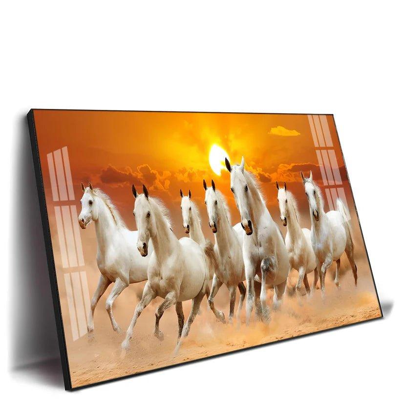 White Seven Running Horses Premium Acrylic Floating Wall Painting - Decor Smart