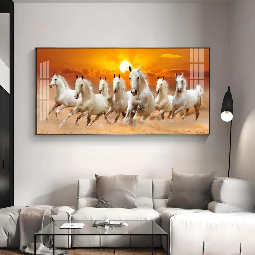 White Seven Running Horses Premium Acrylic Floating Wall Painting - Decor Smart