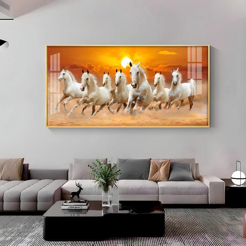 White Seven Running Horses Premium Acrylic Floating Wall Painting - Decor Smart