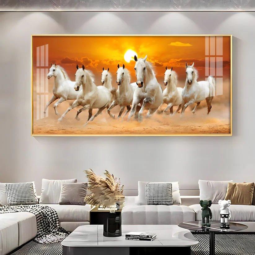 White Seven Running Horses Premium Acrylic Floating Wall Painting - Decor Smart