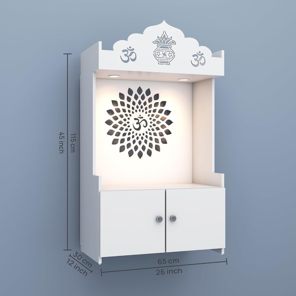 White Wooden Floor Pooja Mandir with Kalash & Om Top Design Lotus Pattern Back Panel Storage Cabinet