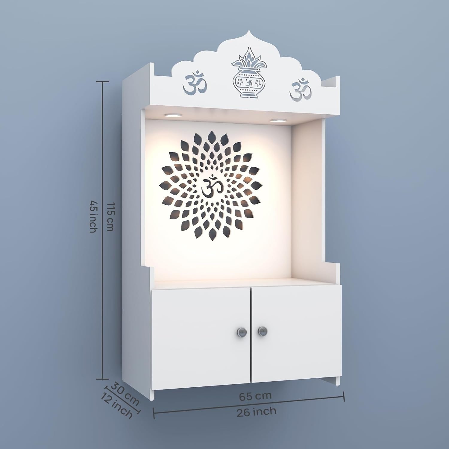 White Wooden Floor Pooja Mandir with Kalash & Om Top Design Lotus Pattern Back Panel Storage Cabinet
