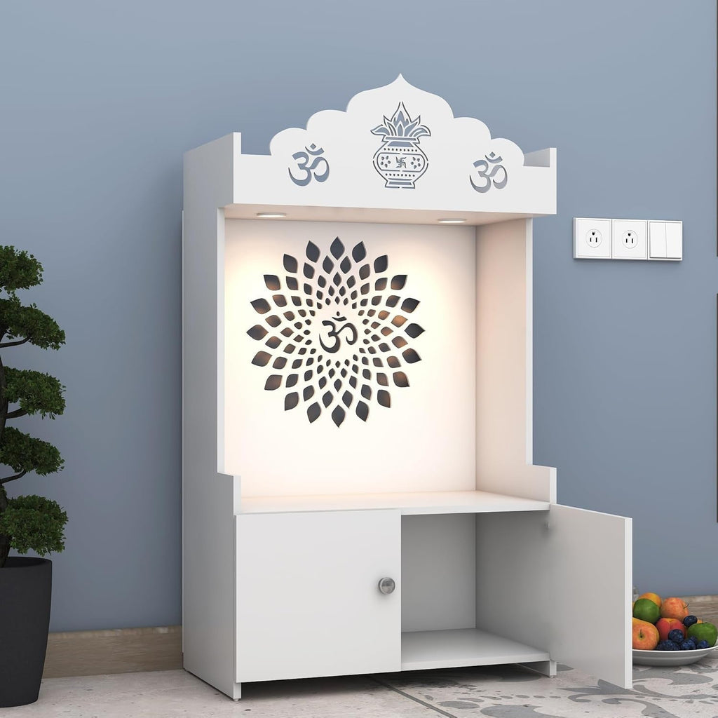 White Wooden Floor Pooja Mandir with Kalash & Om Top Design Lotus Pattern Back Panel Storage Cabinet