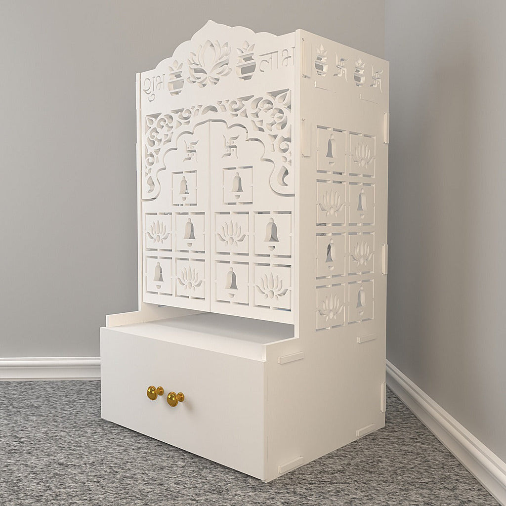 White Wooden Floor Pooja Mandir with Laser-Cut Lotus Om Design, Shubh Labh Motif, Bell Pattern Doors With Cabinet