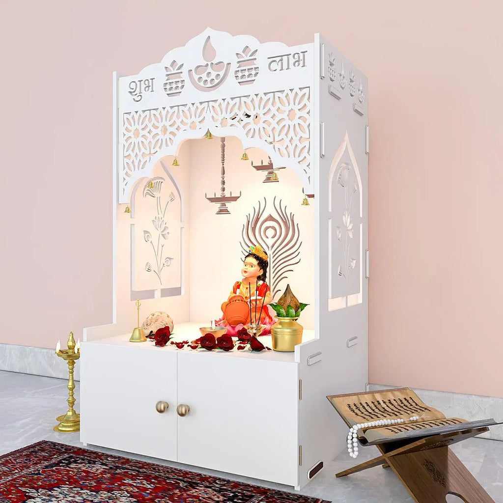 White Wooden Floor Pooja Mandir with Shubh Labh Design Floral & Peacock Feather Motifs Laser-Cut Panels & Storage Cabinet