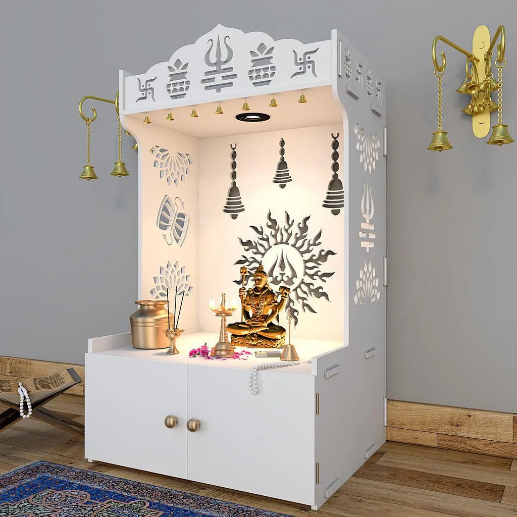 White Wooden Floor Pooja Mandir with Trishul & Kalash Design Laser-Cut Bell & Lotus Motifs & Storage Cabinet