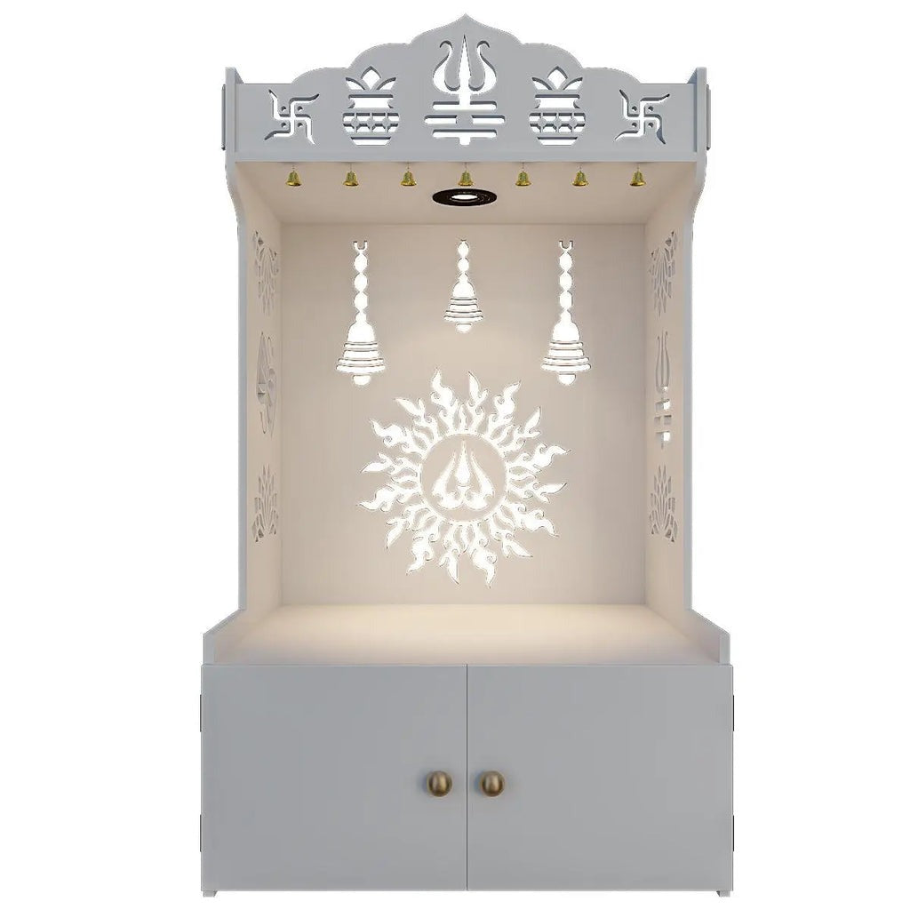 White Wooden Floor Pooja Mandir with Trishul & Kalash Design Laser-Cut Bell & Lotus Motifs & Storage Cabinet