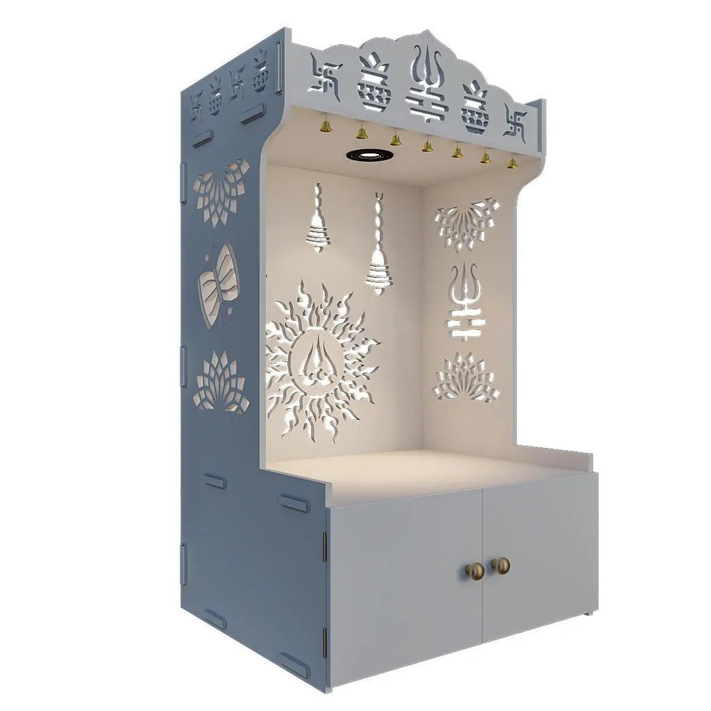 White Wooden Floor Pooja Mandir with Trishul & Kalash Design Laser-Cut Bell & Lotus Motifs & Storage Cabinet