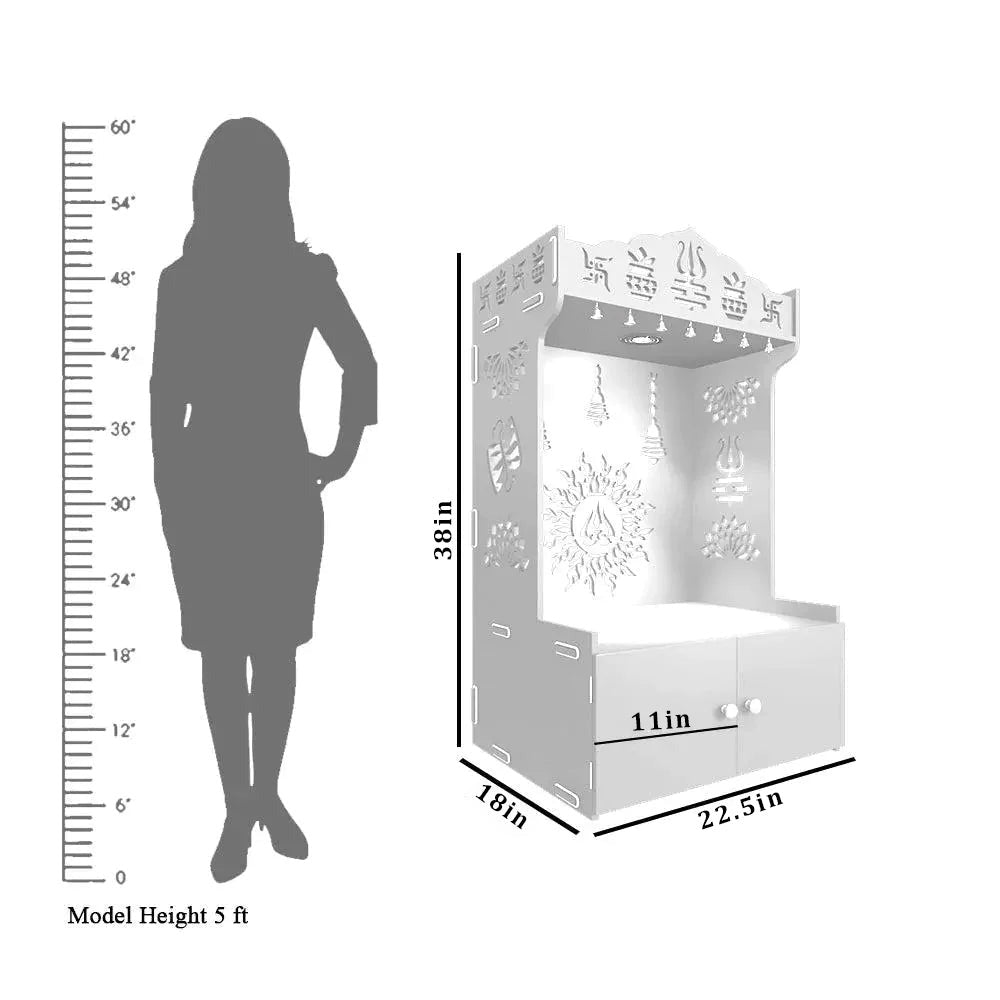 White Wooden Floor Pooja Mandir with Trishul & Kalash Design Laser-Cut Bell & Lotus Motifs & Storage Cabinet