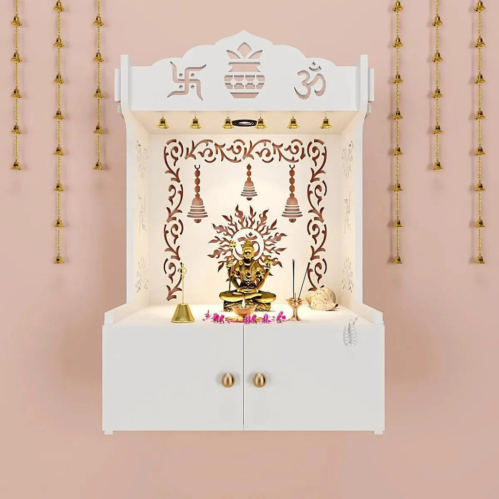 White Wooden Wall Mounted Temple with Engraved Om & Swastik Design Pooja Mandir for Home
